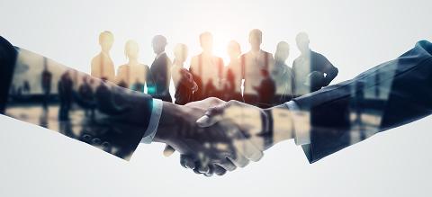 Mixed media of group of multinational people and management strategy concept. Human resources. Wide angle visual for banners or advertisements.