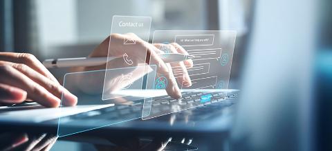 Chatbot conversation assistant. Person using online customer service with chat bot to get support. Artificial intelligence and CRM software technology, customer support center, CONTACT US