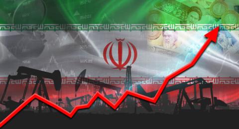 Oil pumps with Iranian flag. Oil production with Iran flag, petrol industry