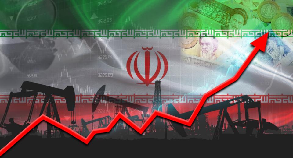 Oil pumps with Iranian flag. Oil production with Iran flag, petrol industry