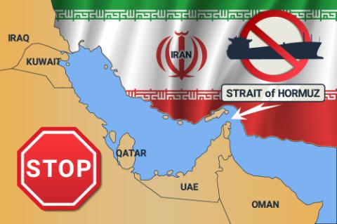 Vector graphic map of Western Asia. Strait of Hormuz and prohibitory sign. Ban on movement of oil tankers. Iranian ban. Islamic Republic of Iran