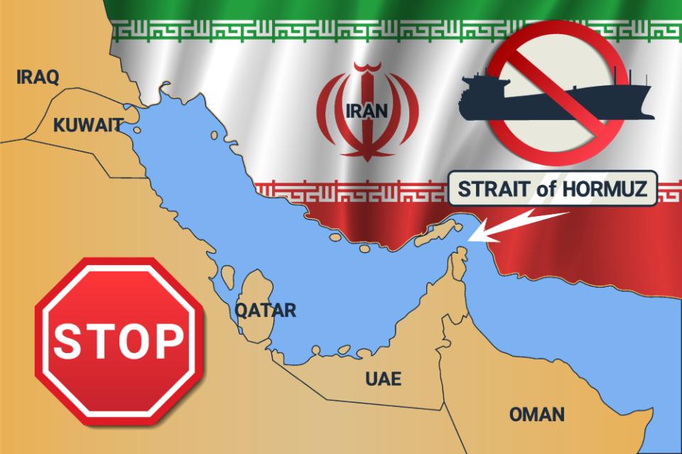 Vector graphic map of Western Asia. Strait of Hormuz and prohibitory sign. Ban on movement of oil tankers. Iranian ban. Islamic Republic of Iran