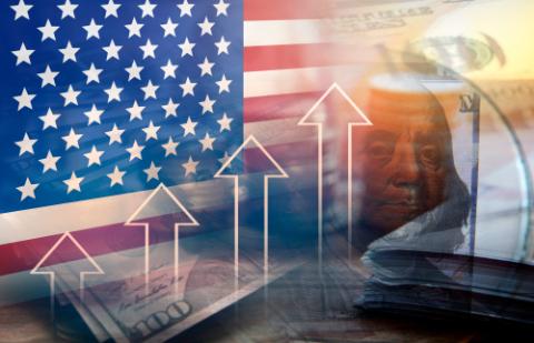 US tariff rate rising , trade policy , business graph and dollars banknote , tax calculation change 