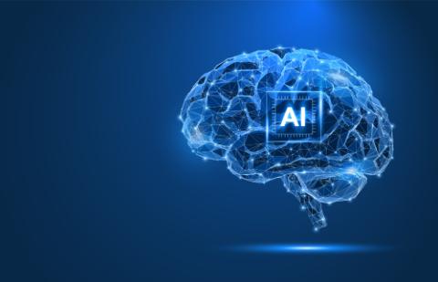Futuristic AI brain with chip, processor, and circuit in polygon vector design. Abstract technology background. Data, digital intelligence, machine learning, robot, and computer network concepts.