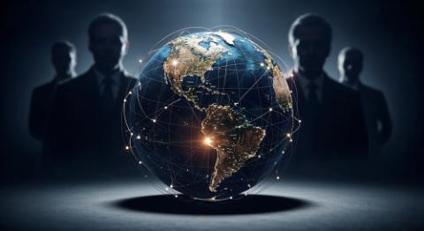Shadowy figures in silhouette surrounding illuminated Earth globe representing hidden global powers controlling world affairs from behind scenes