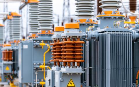 High voltage transformer components mounted on substation