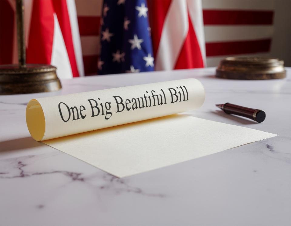 One Big Beautiful Bill Act Scroll on white marble and United States of America Flag in Background