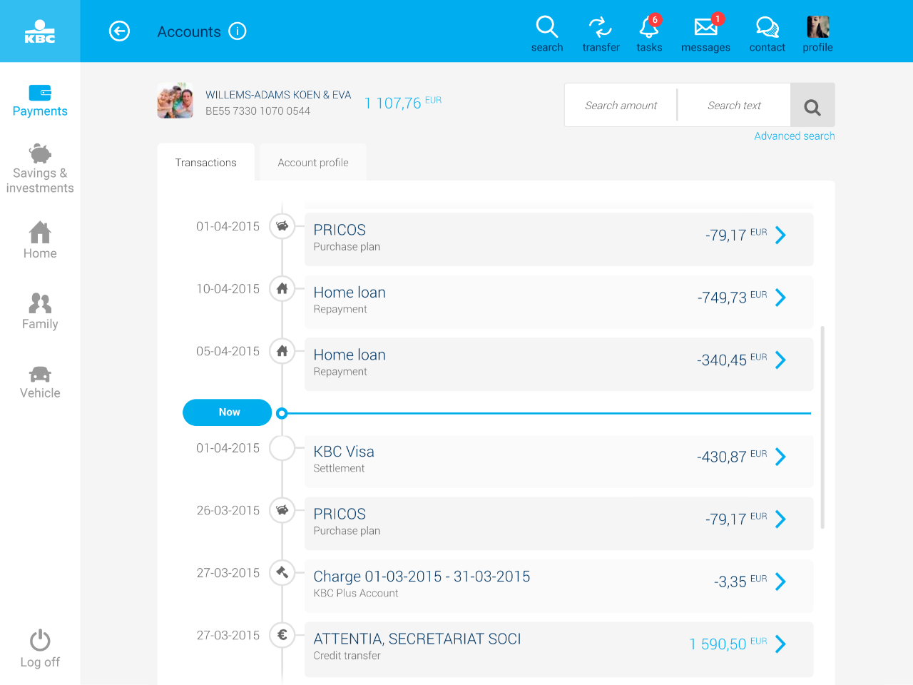 overview transactions in KBC Touch