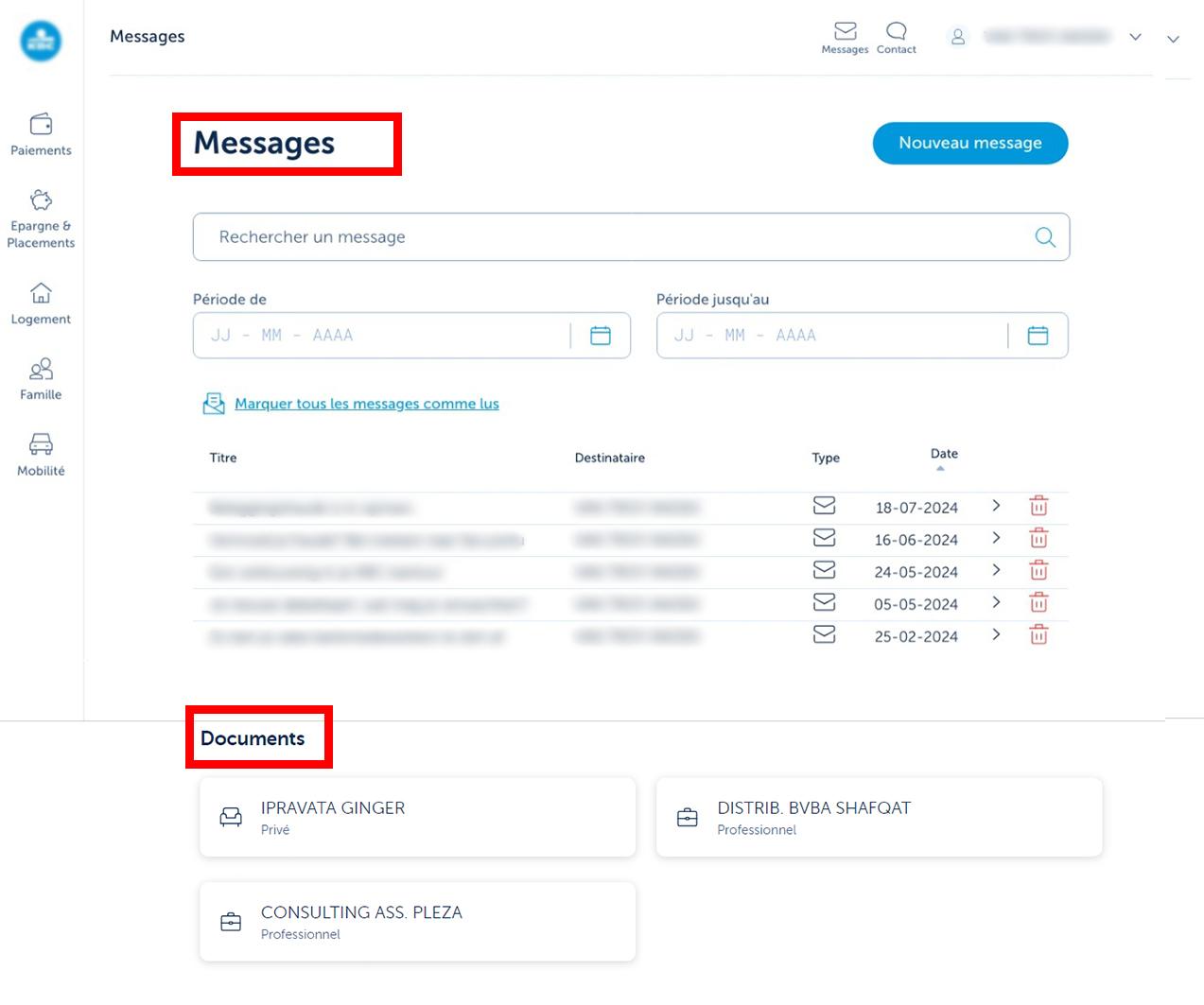 Onder 'Berichten' in KBC Touch vind je je berichten en documenten van KBC Banque & Assurance.