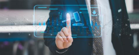 Businessman using finger touch hammer icon,futuristic line network, concept bid winner highest bidder in final lift,public sale property auctioned business competition,e-auction and online bidding