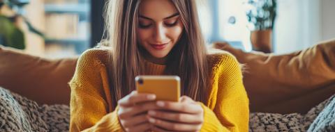 Woman reviewing a product on her smartphone in a cozy living room  online shopping and customer interaction concept