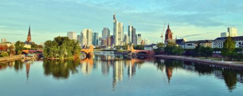 panoramic view of the river Main and ECB with the european city skyline ,financial centre of Frankfurt. Skyscraper buildings in Germany on blue sky background. Business and finance concept