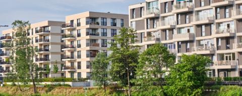 Housing development area at a small canal seen in Berlin, Germany