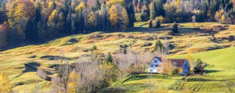 Village in Swiss Appenzellerland in autumn season atmosphere of morning softlight